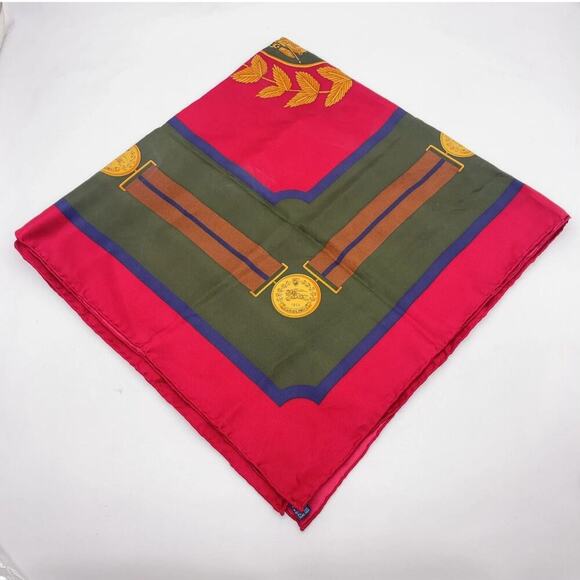 Burberrys Knight Pattern Red x Green x Golden Pure Silk Scarf - Picture 5 of 10
